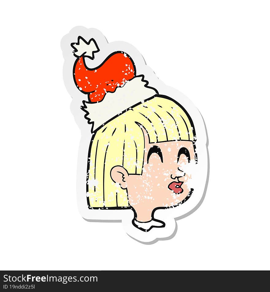 retro distressed sticker of a cartoon girl wearing santa hat