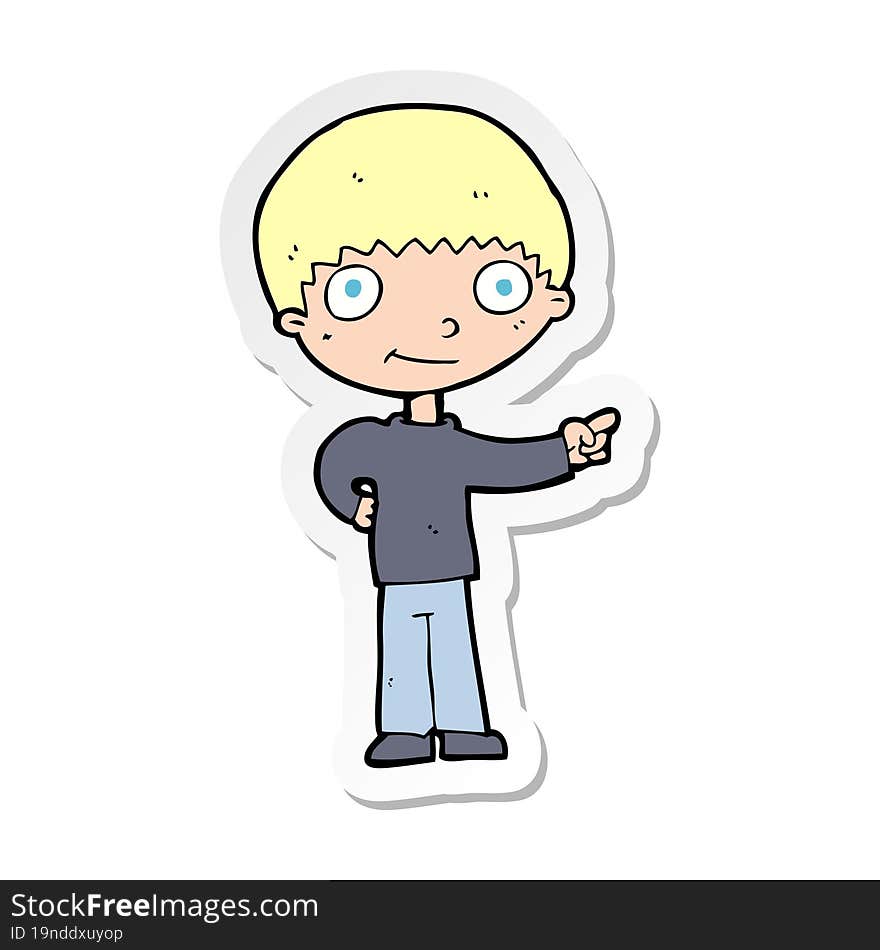 sticker of a cartoon happy boy pointing