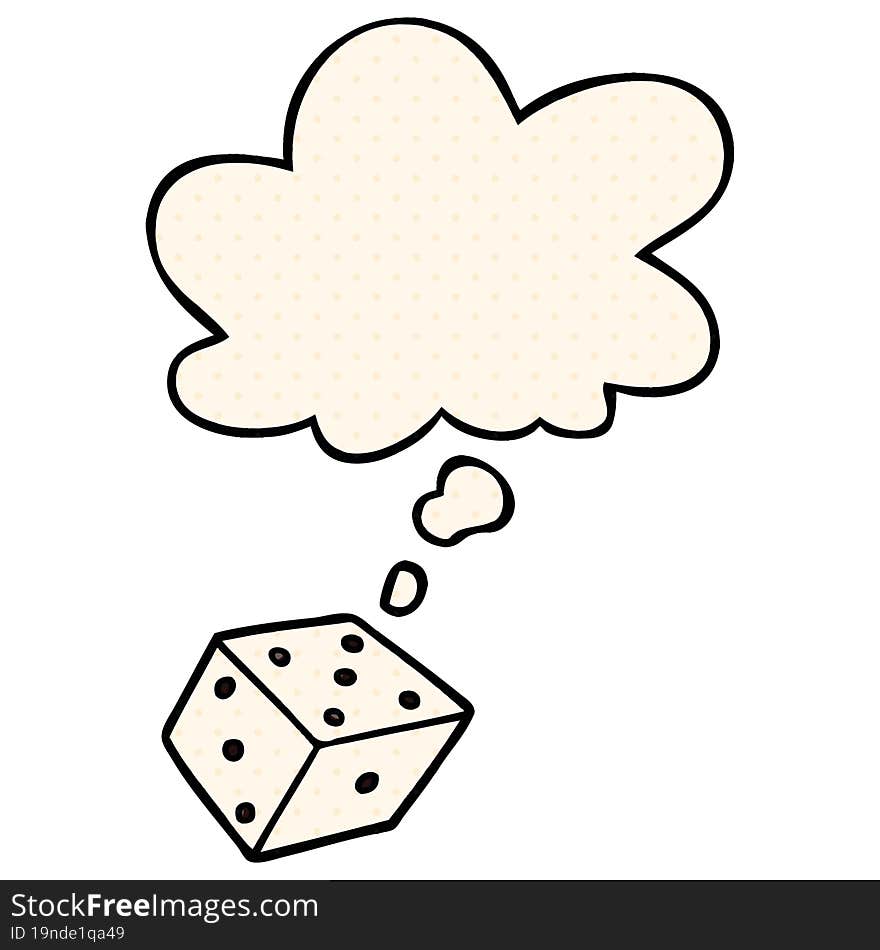 cartoon dice and thought bubble in comic book style