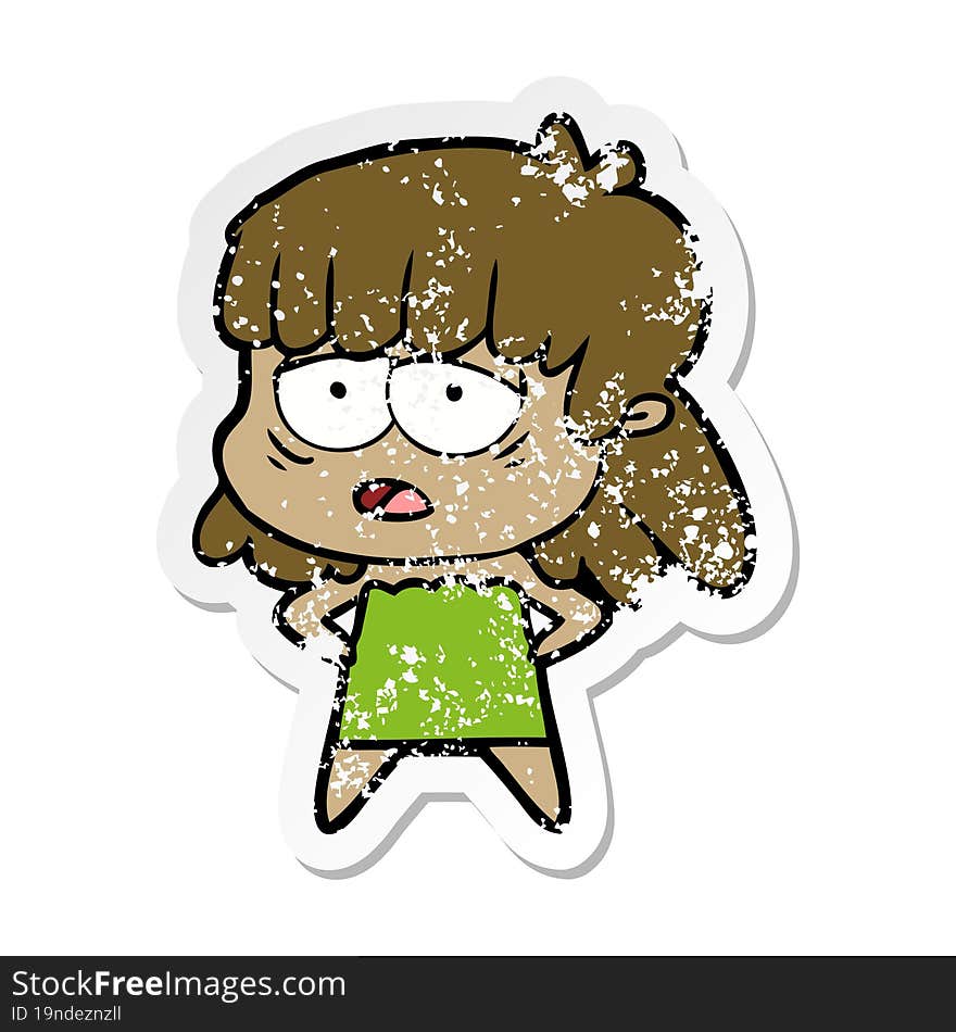 distressed sticker of a cartoon tired woman