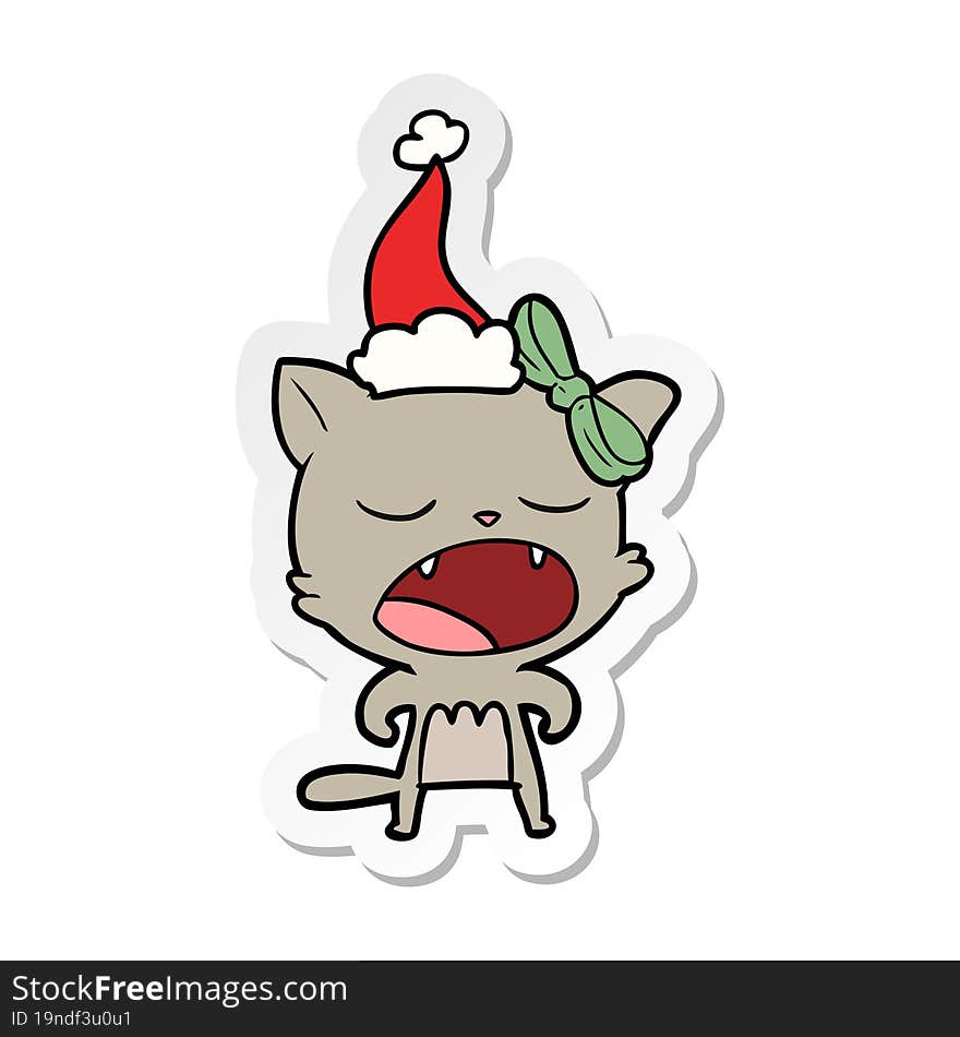 Sticker Cartoon Of A Cat Meowing Wearing Santa Hat