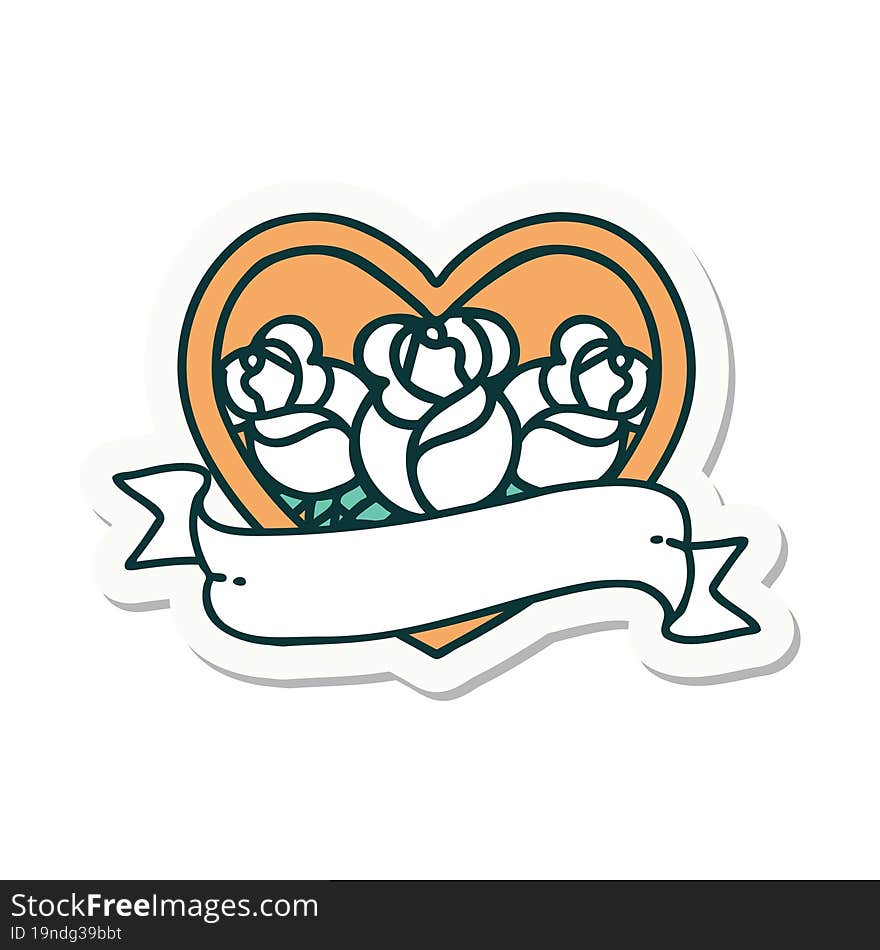 sticker of tattoo in traditional style of a heart and banner with flowers. sticker of tattoo in traditional style of a heart and banner with flowers