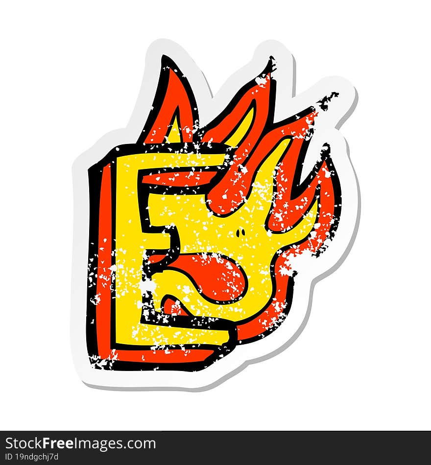 retro distressed sticker of a cartoon flaming letter