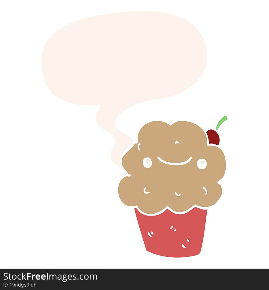 cartoon cupcake and speech bubble in retro style