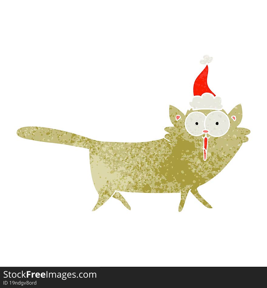 Retro Cartoon Of A Cat Wearing Santa Hat