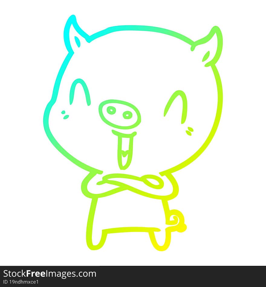 cold gradient line drawing of a happy cartoon pig