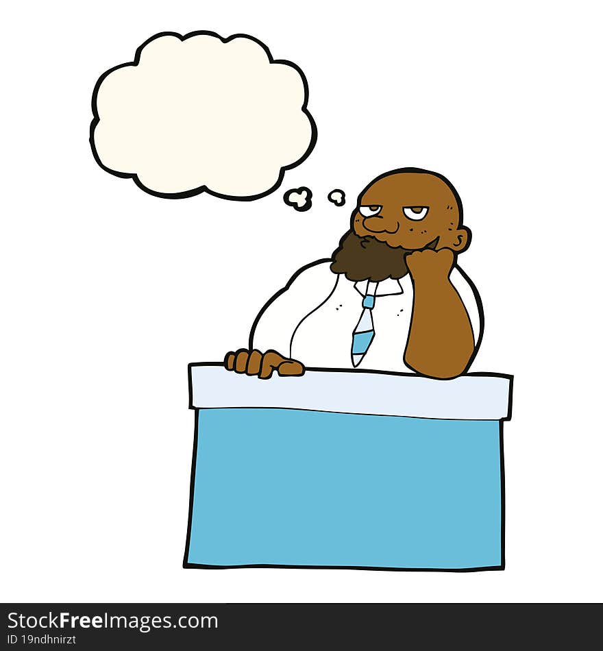 cartoon bored man at desk with thought bubble