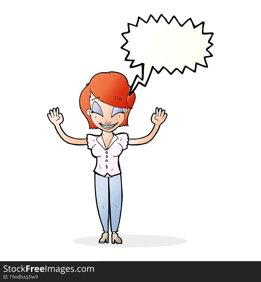 Cartoon Pretty Woman With Hands In Air With Speech Bubble