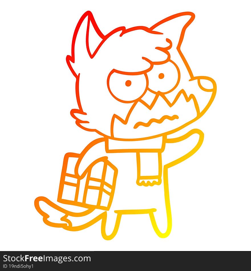 warm gradient line drawing cartoon annoyed fox carrying gift