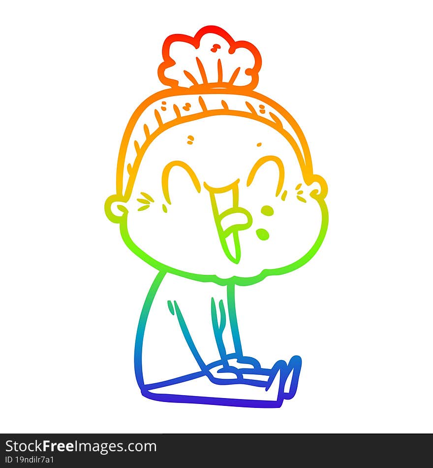 rainbow gradient line drawing of a cartoon happy old woman