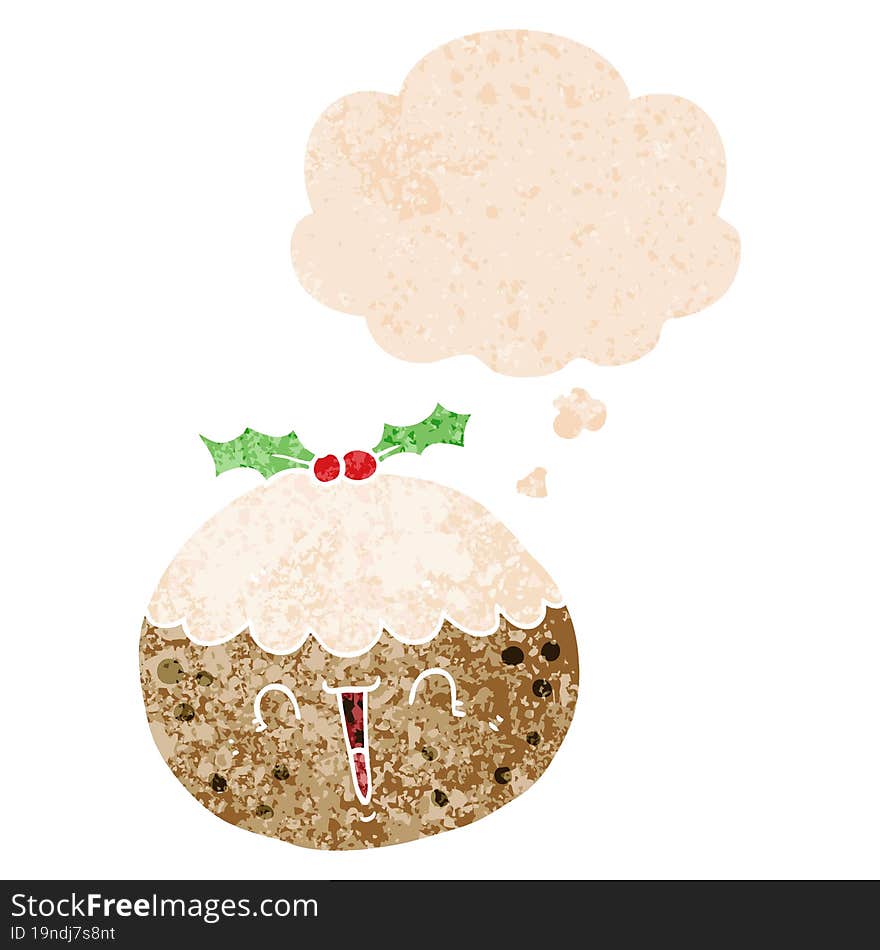 cute cartoon christmas pudding and thought bubble in retro textured style