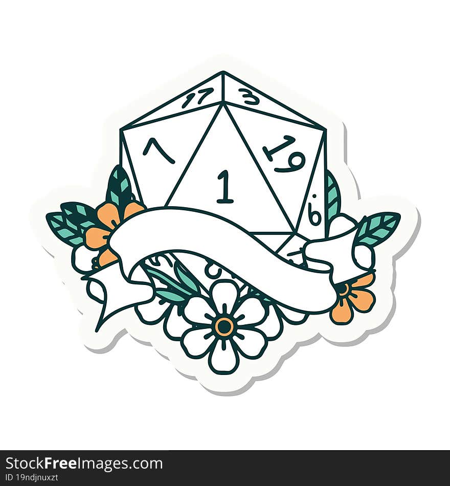 natural one d20 dice roll sticker