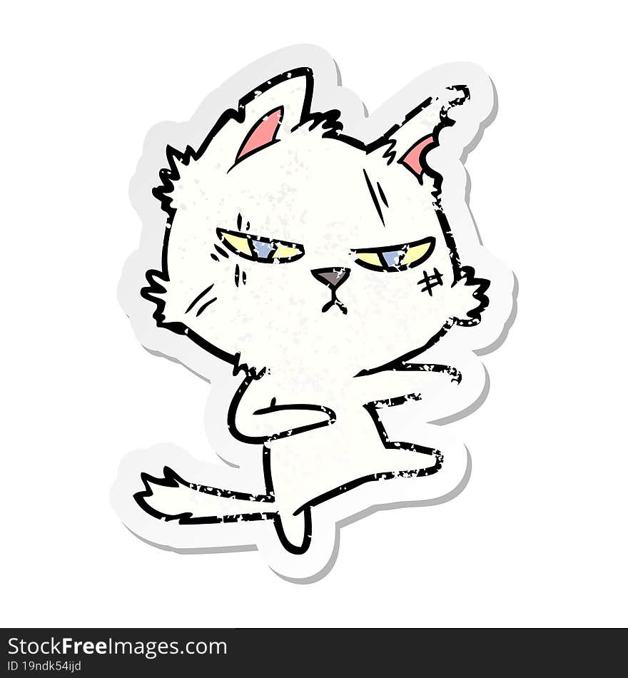 distressed sticker of a tough cartoon cat