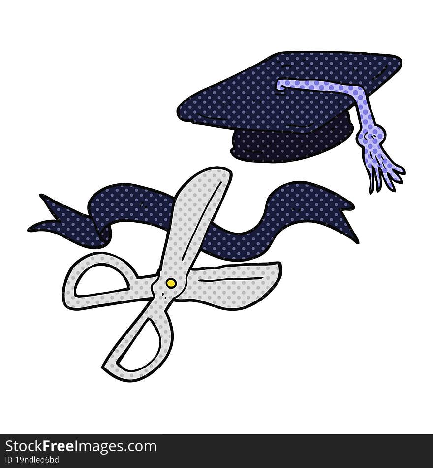 freehand drawn cartoon scissors cutting ribbon at graduation