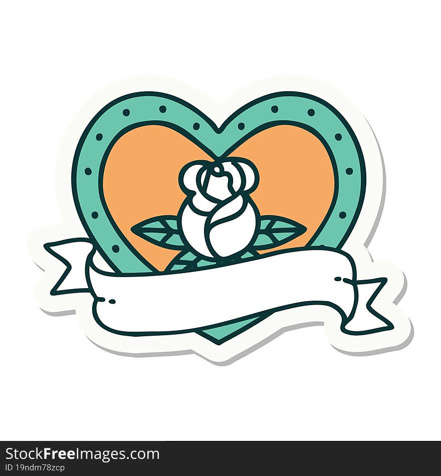 sticker of tattoo in traditional style of a heart rose and banner. sticker of tattoo in traditional style of a heart rose and banner