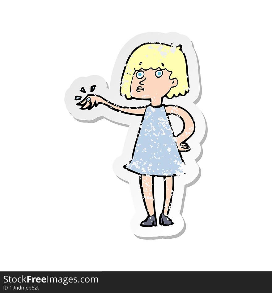 Retro Distressed Sticker Of A Cartoon Woman Showing Off Engagement Ring