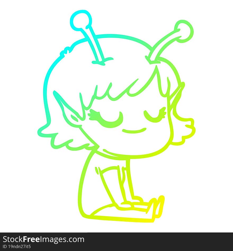 Cold Gradient Line Drawing Smiling Alien Girl Cartoon