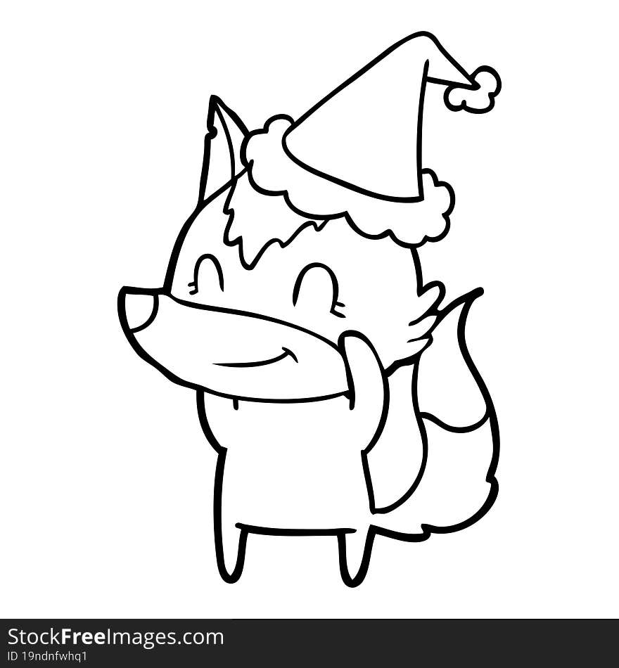 Friendly Line Drawing Of A Wolf Wearing Santa Hat