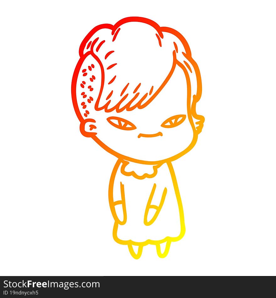 Warm Gradient Line Drawing Cute Cartoon Girl With Hipster Haircut