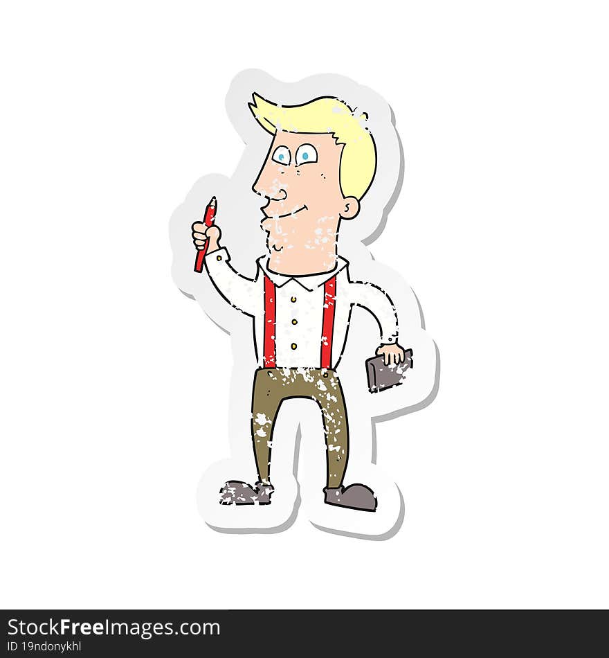 retro distressed sticker of a cartoon man with notebook and pen