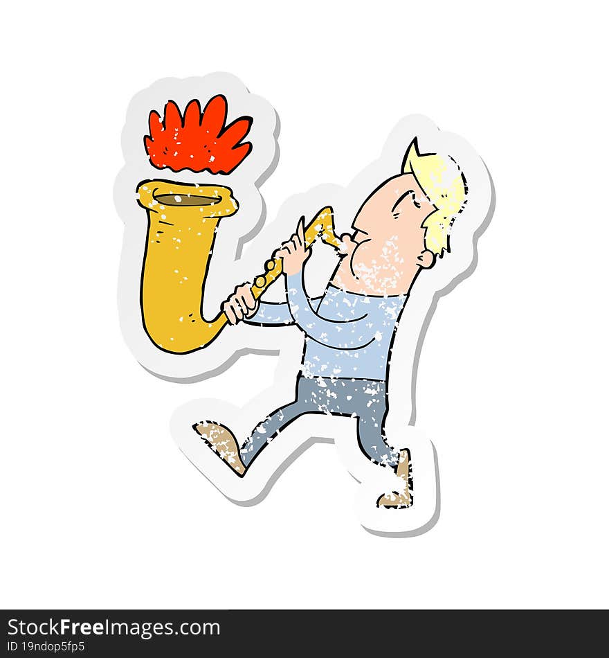 retro distressed sticker of a cartoon man blowing saxophone