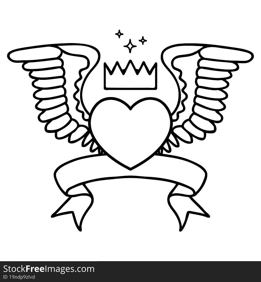 traditional black linework tattoo with banner of a heart with wings