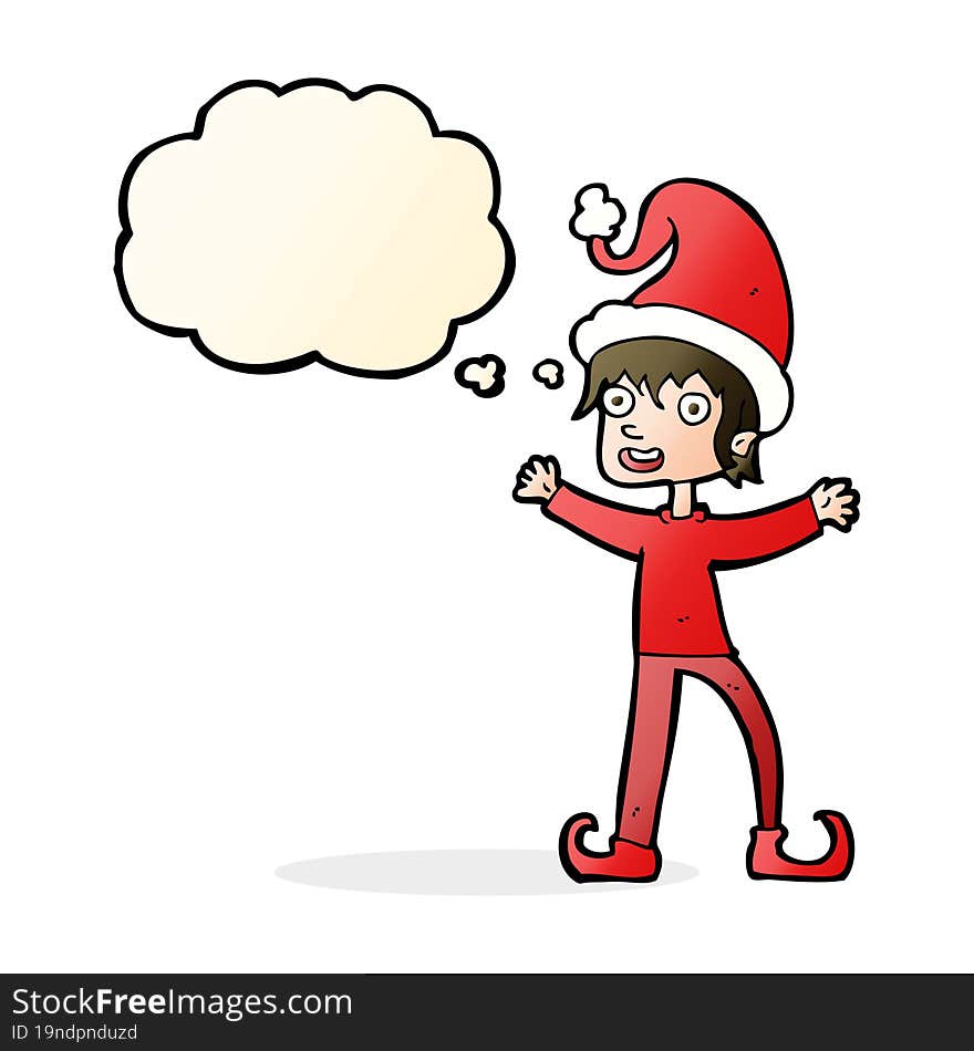 cartoon excited christmas elf with thought bubble