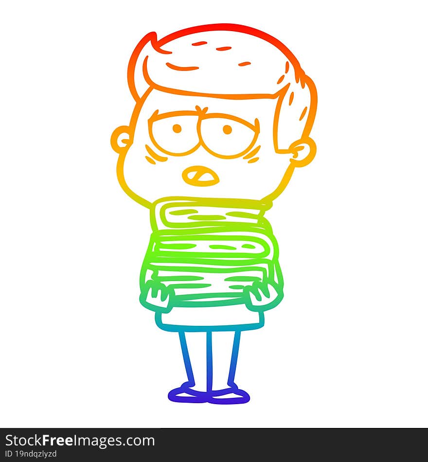 rainbow gradient line drawing of a cartoon tired man