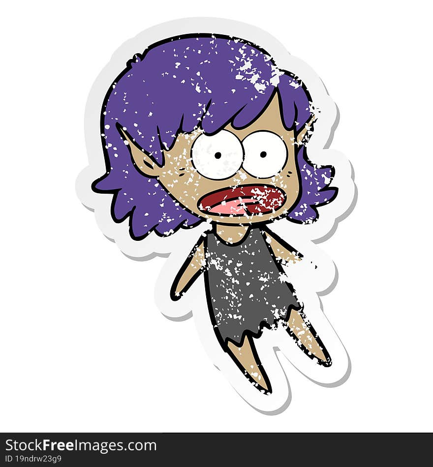 distressed sticker of a cartoon shocked elf girl flying