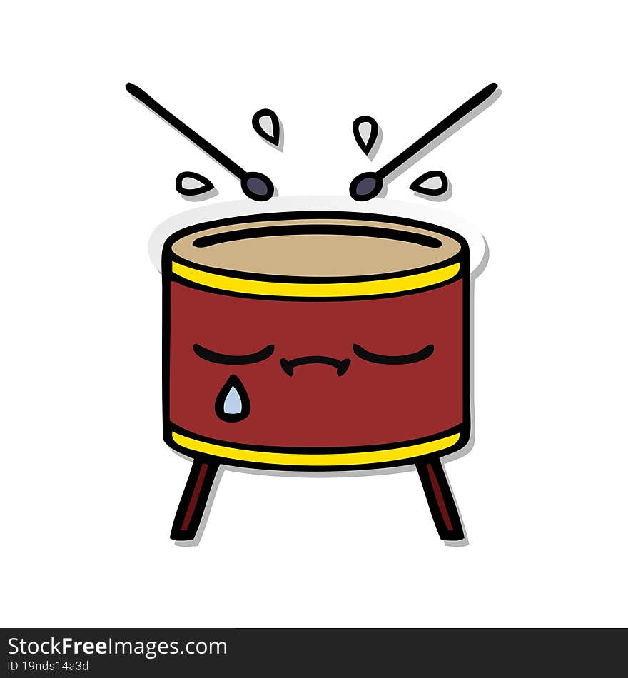 distressed sticker of a cute cartoon crying drum