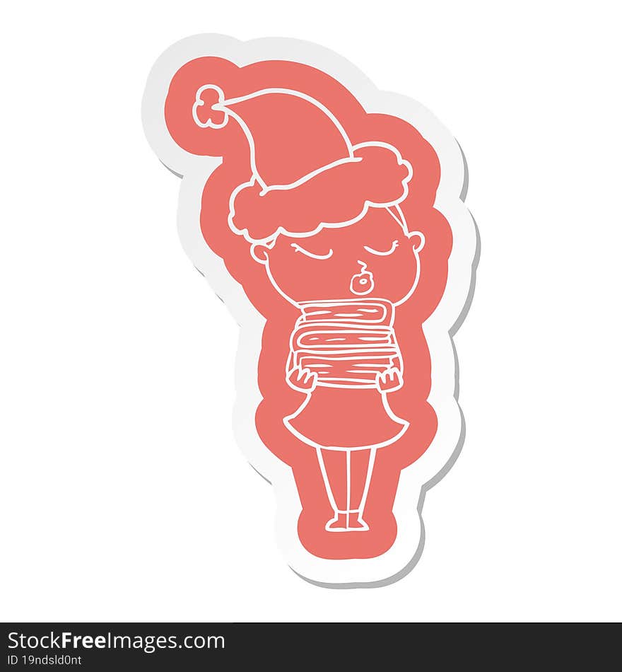 quirky cartoon  sticker of a calm woman wearing santa hat