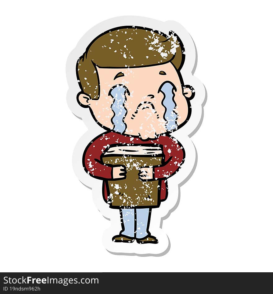 distressed sticker of a cartoon man crying