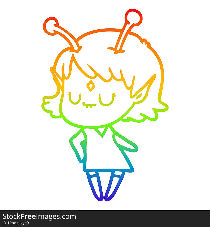 rainbow gradient line drawing of a cartoon alien girl