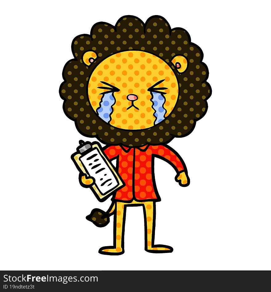 cartoon crying lion with clipboard. cartoon crying lion with clipboard