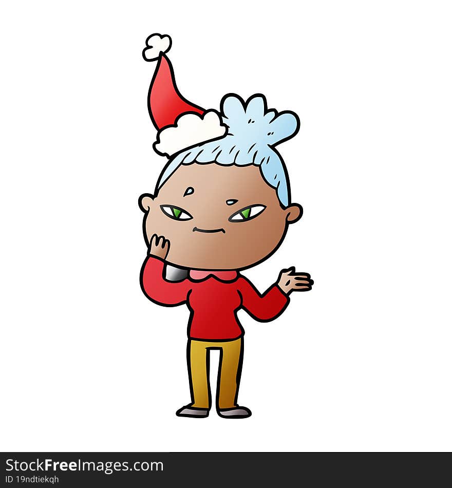 hand drawn gradient cartoon of a woman wearing santa hat