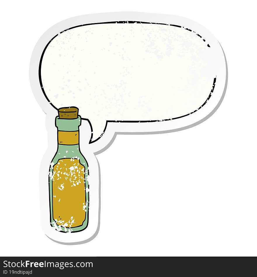 cartoon potion bottle with speech bubble distressed distressed old sticker. cartoon potion bottle with speech bubble distressed distressed old sticker