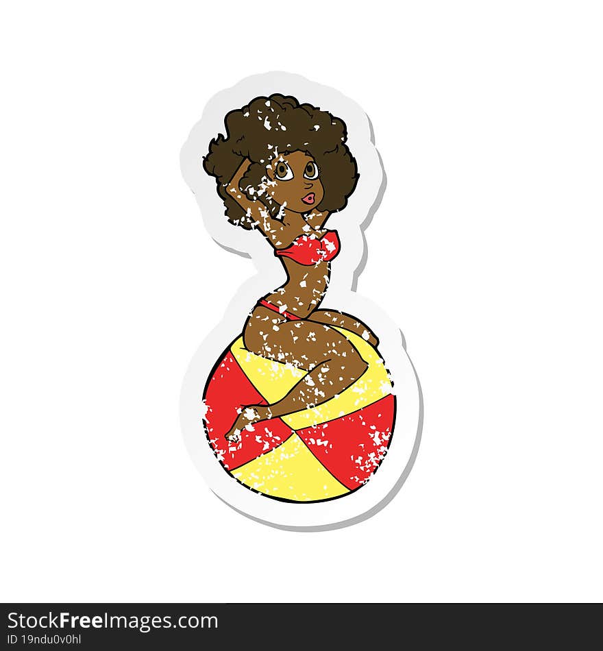 retro distressed sticker of a cartoon pin up girl sitting on ball