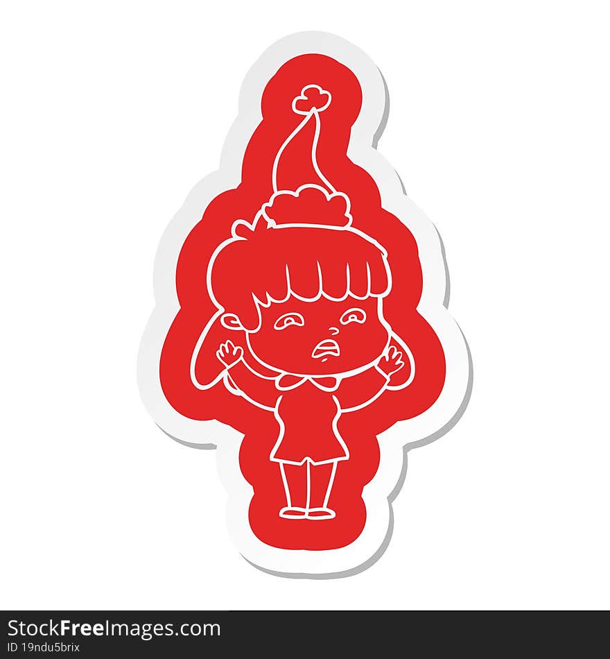 cartoon  sticker of a worried woman wearing santa hat