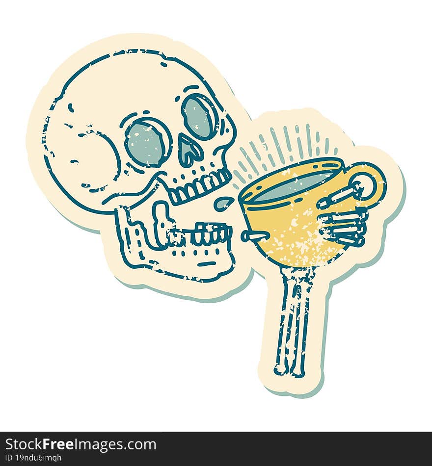 distressed sticker tattoo style icon of a skull drinking coffee