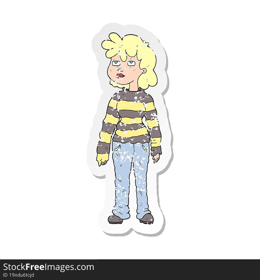 retro distressed sticker of a cartoon woman in casual clothes