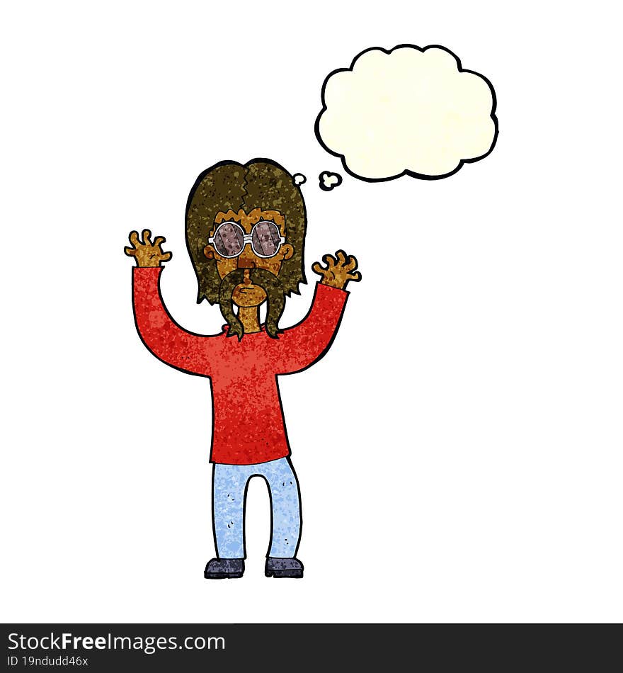 cartoon hippie man waving arms with thought bubble