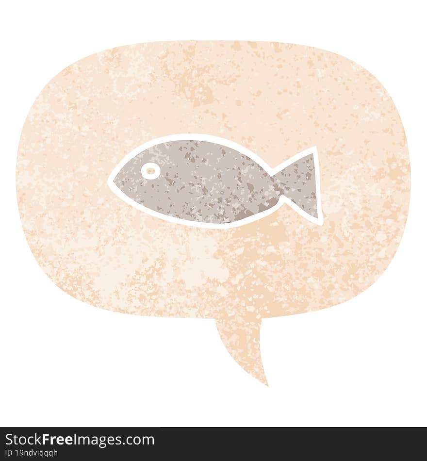 cartoon fish symbol and speech bubble in retro textured style