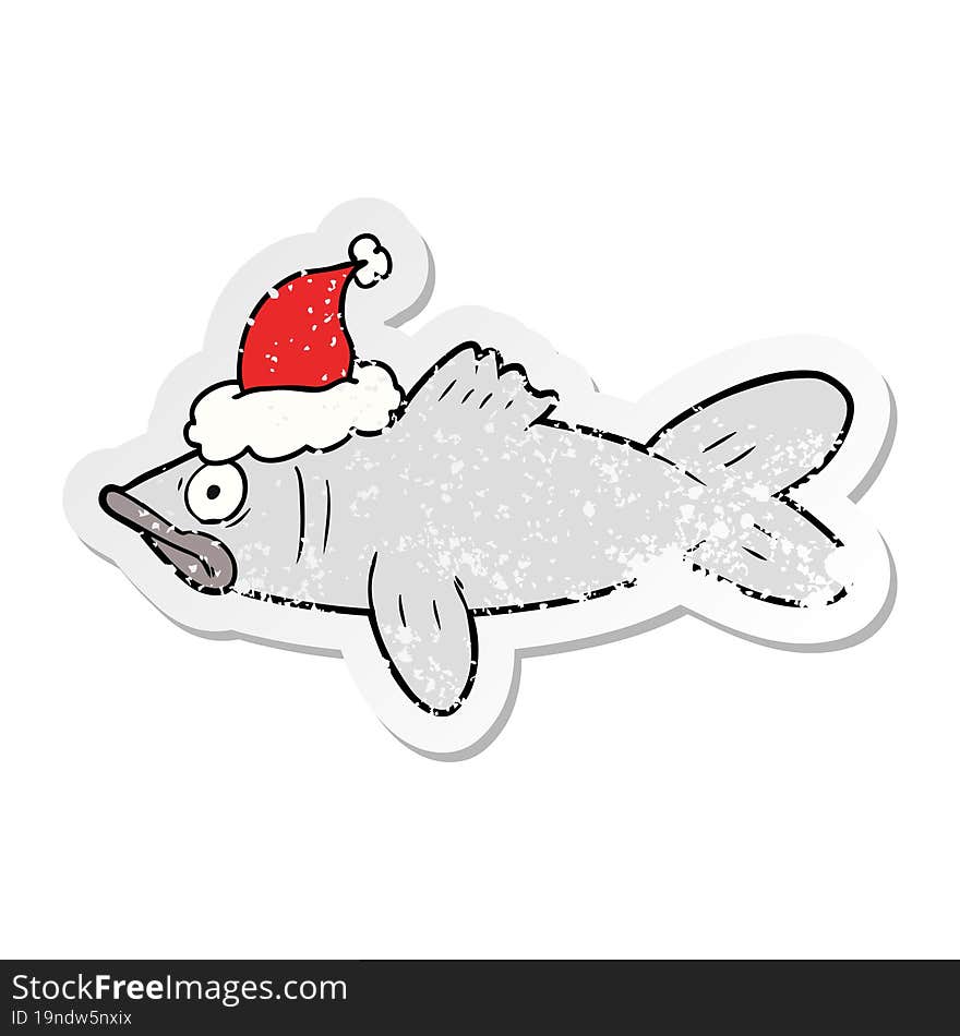 Distressed Sticker Cartoon Of A Fish Wearing Santa Hat