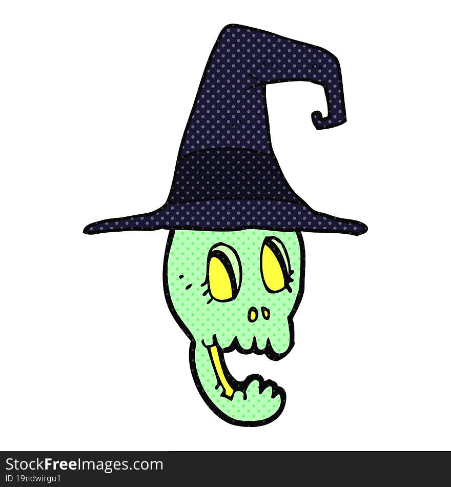 Comic Book Style Cartoon Skull Wearing Witch Hat