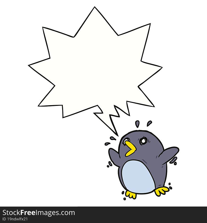 cartoon frightened penguin and speech bubble