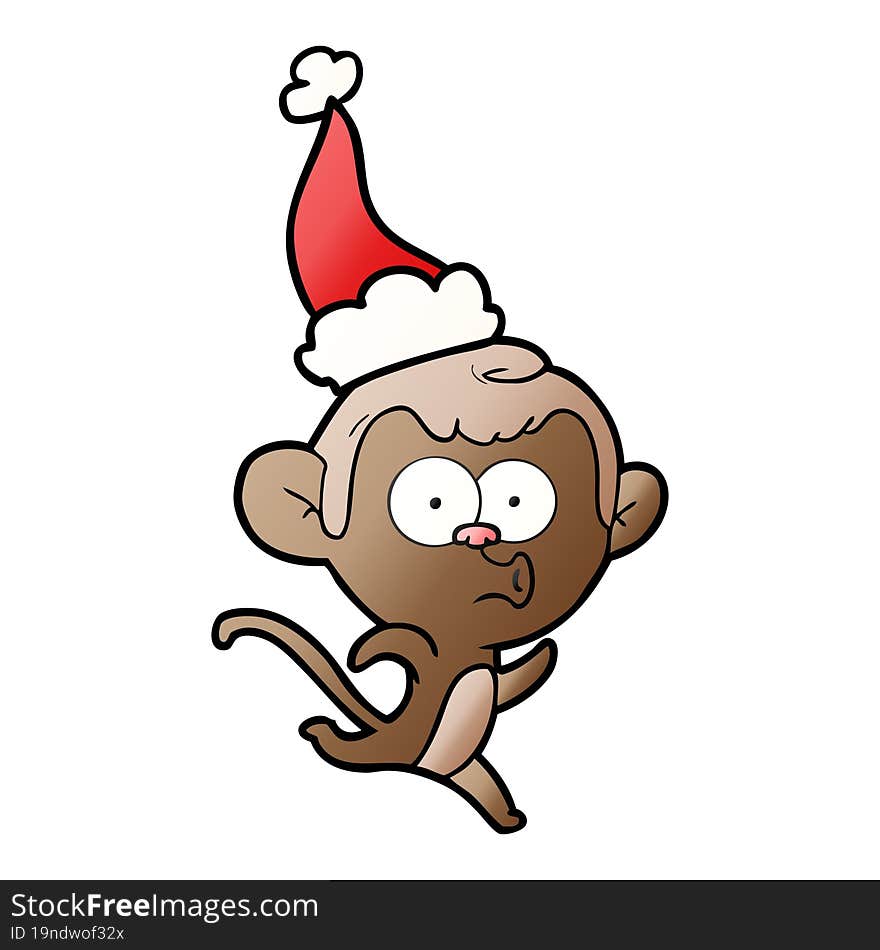 gradient cartoon of a surprised monkey wearing santa hat