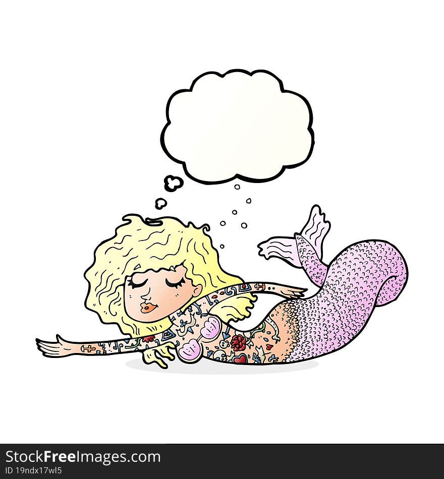 cartoon mermaid covered in tattoos with thought bubble