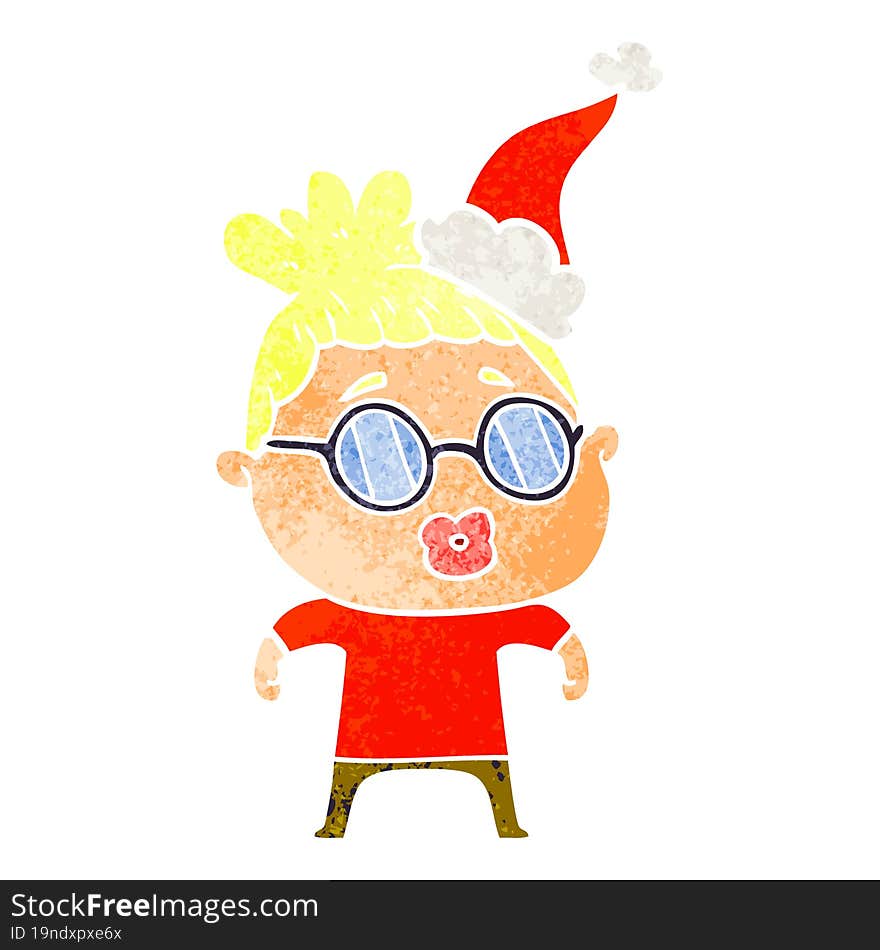 hand drawn retro cartoon of a woman wearing spectacles wearing santa hat