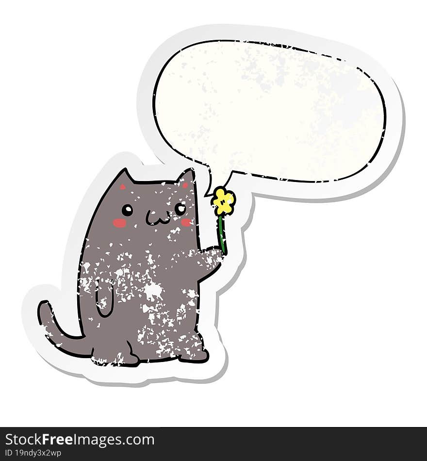 cute cartoon cat with speech bubble distressed distressed old sticker. cute cartoon cat with speech bubble distressed distressed old sticker