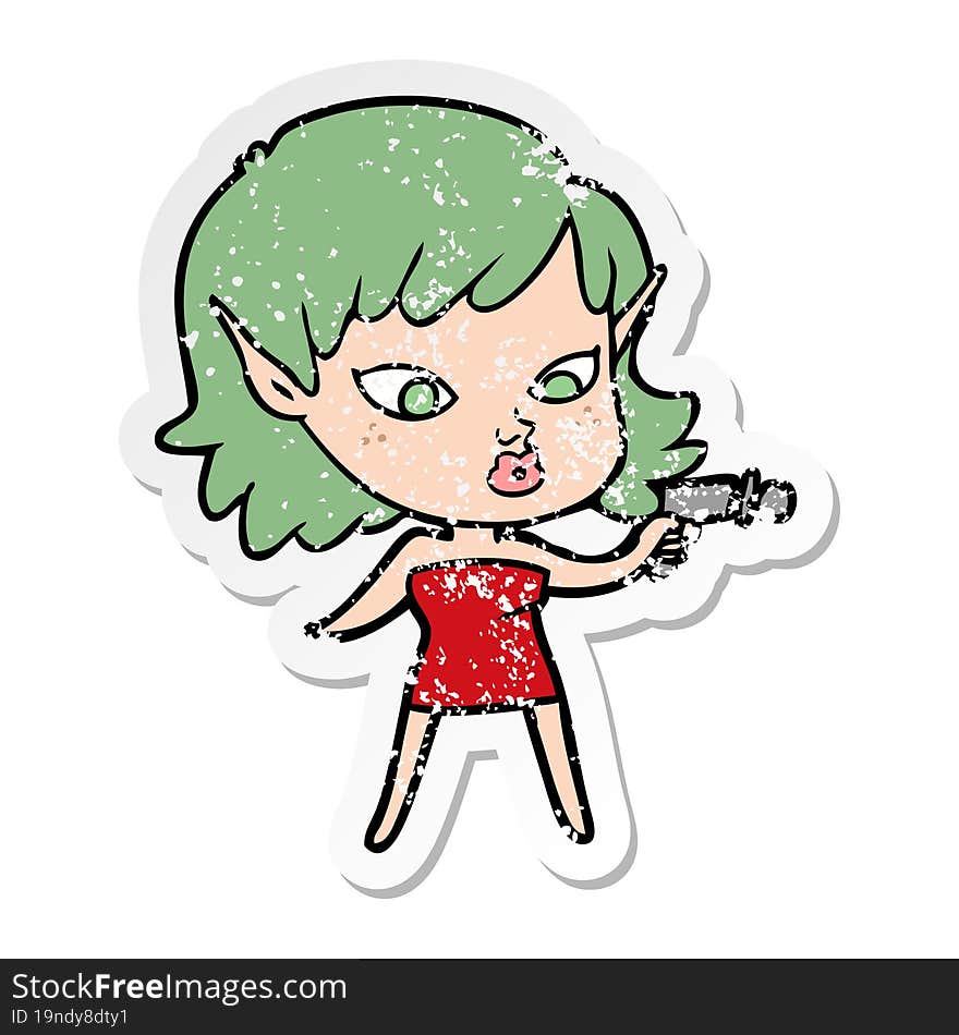 distressed sticker of a pretty cartoon girl with ray gun